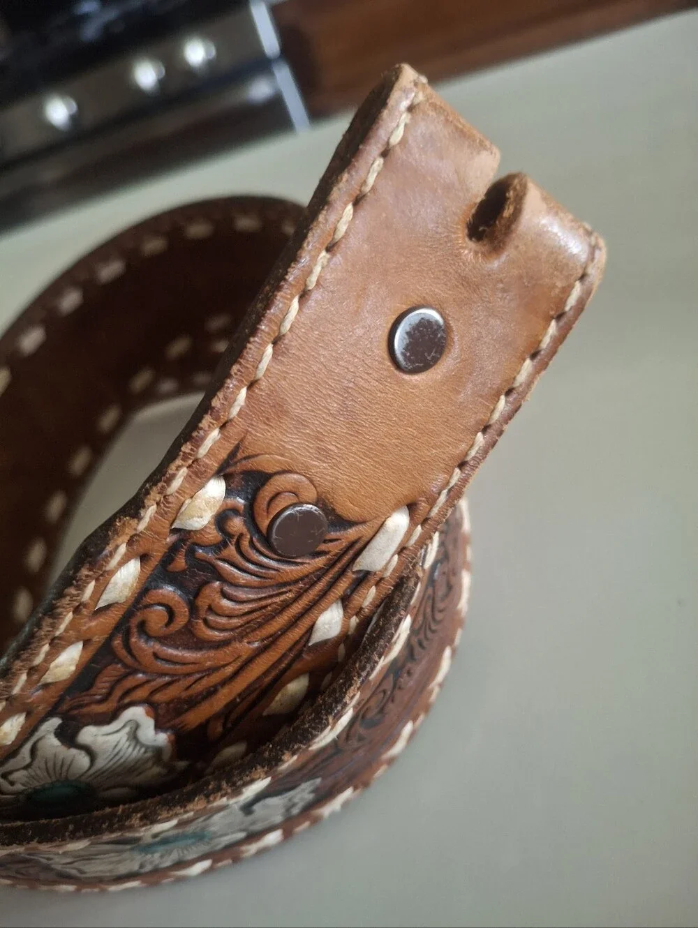 Tooled Leather Floral Belt with Turquoise Accents